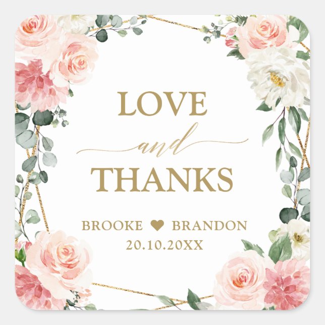 Blush Pink Floral Gold Geometric Botanical Wedding Square Sticker (Front)