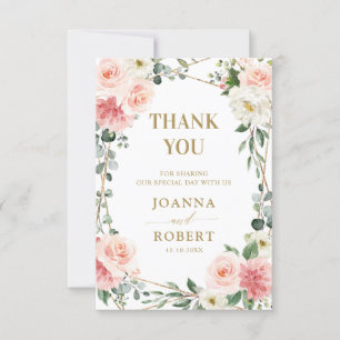 Blush Pink Floral Gold Geometric Botanical Wedding Thank You Card