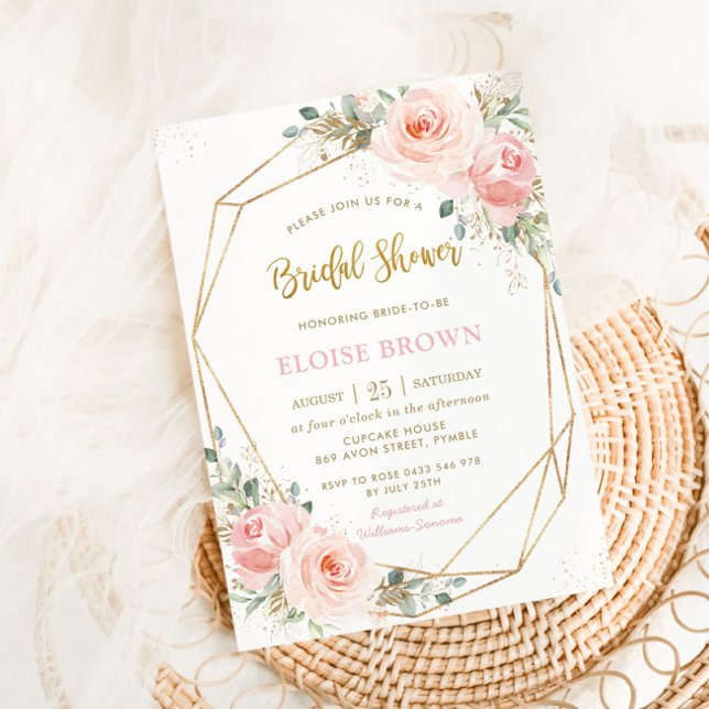 Blush Pink Floral Gold Geometric Bridal Shower Inv Invitation (Creator Uploaded)