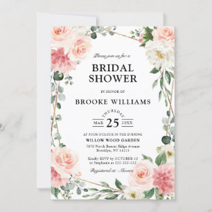 Blush Pink Floral Gold Geometric Bridal Shower Invitation