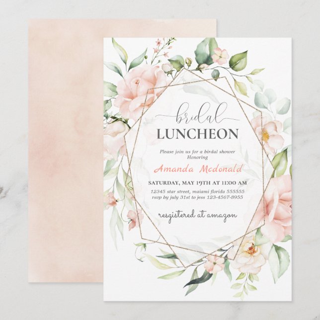 Blush Pink Floral Gold Geometric Bridal Shower Invitation (Front/Back)