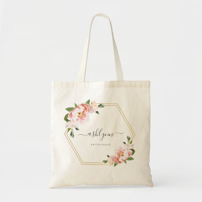 Blush Pink Floral Gold Geometric Bridesmaid Tote Bag (Front)