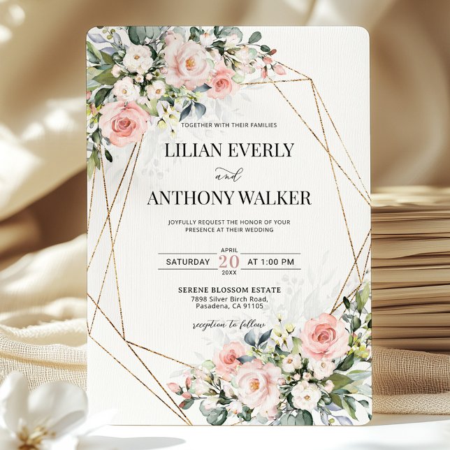 Blush Pink Floral Gold Geometric Estate Wedding  Invitation (Creator Uploaded)