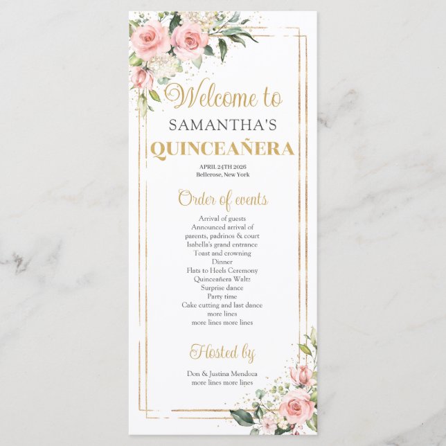Blush pink floral Gold geometric frame Quinceanera Program (Front)