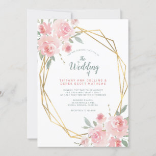 Blush Pink Floral Gold Geometric Frame Wedding Invitation