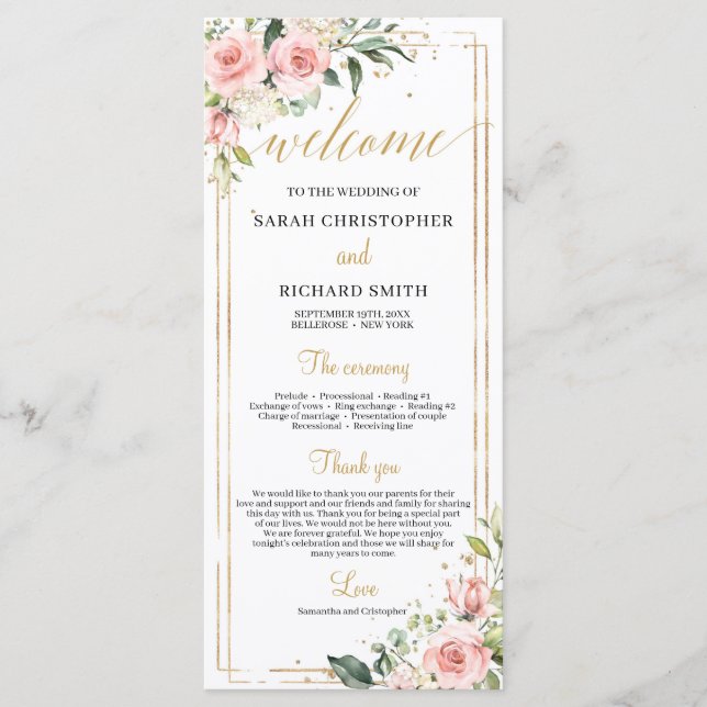 Blush pink floral Gold geometric frame wedding Program (Front)