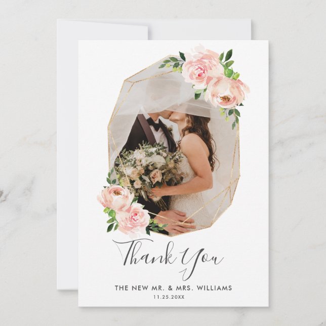 Blush Pink Floral Gold Geometric Photo Wedding Thank You Card (Front)