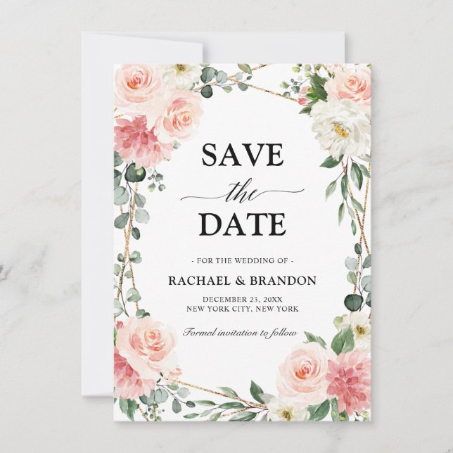 Blush Pink Floral Gold Geometric Save the Date (Front)