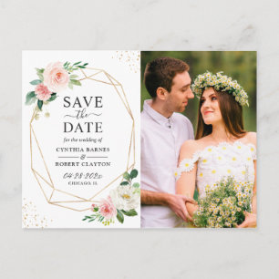 Blush Pink Floral Gold Geometric Save the Date Postcard
