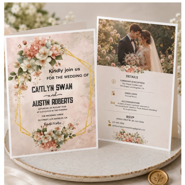 Blush Pink Floral Gold Geometric Wedding Invitatio Invitation (Creator Uploaded)