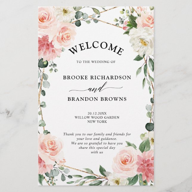 Blush Pink Floral Gold Geometric Wedding Program (Front)