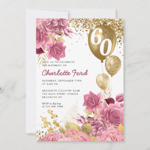 Blush Pink Floral Gold Glitter Balloons Birthday Invitation