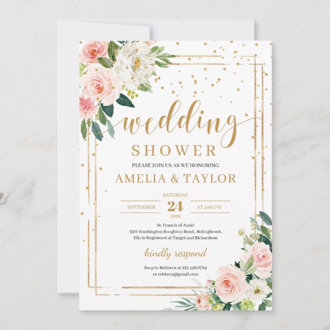 Blush Pink Floral Gold glitter boho wedding shower Invitation (Front)