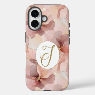 Blush Pink Floral Gold Glitter Letter J iPhone 16 Case