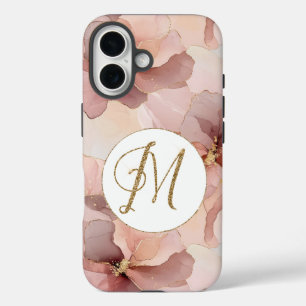 Blush Pink Floral Gold Glitter Letter M iPhone 16 Case