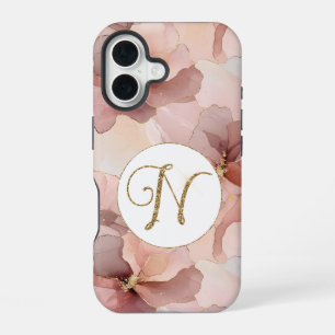 Blush Pink Floral Gold Glitter Letter N iPhone 16 Case