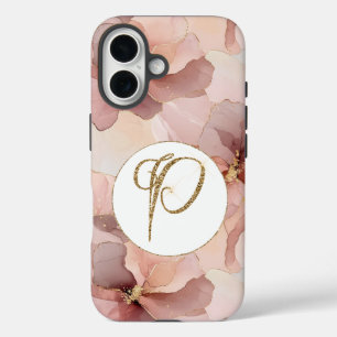 Blush Pink Floral Gold Glitter Letter P iPhone 16 Case