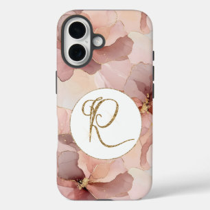 Blush Pink Floral Gold Glitter Letter R iPhone 16 Case
