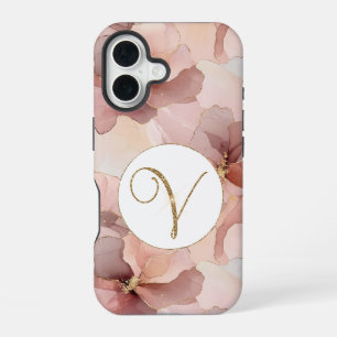 Blush Pink Floral Gold Glitter Letter V iPhone 16 Case