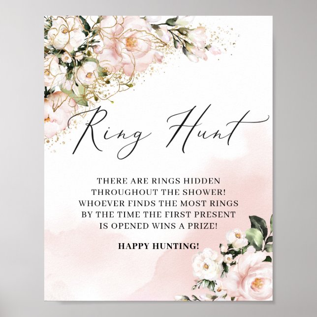 Blush Pink Floral Gold Leaves Ring Hunt Game Sign (Front)