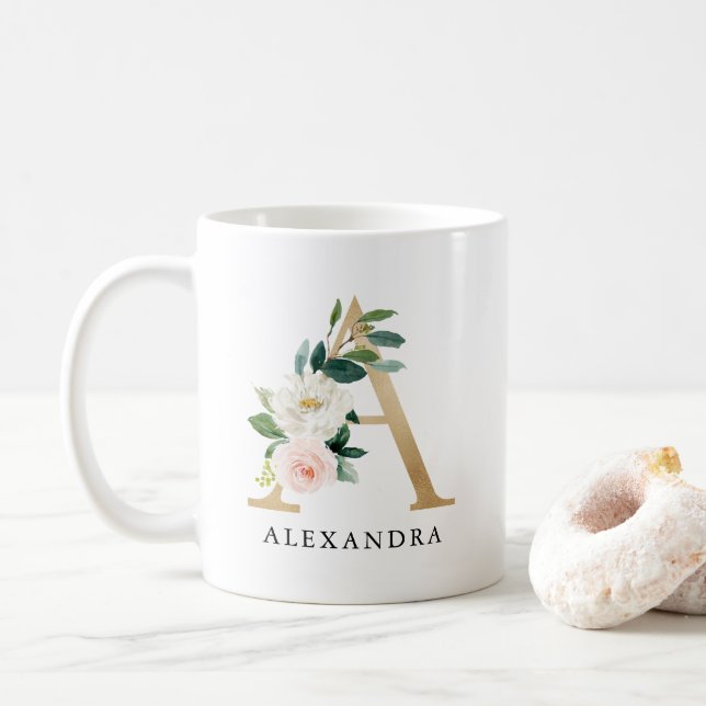 Blush Pink Floral & Gold Letter A Monogram Coffee Mug (With Donut)