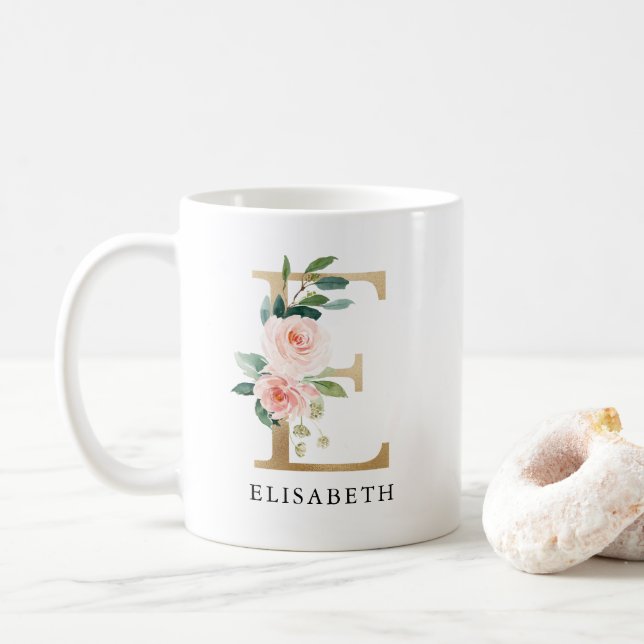 Blush Pink Floral & Gold Letter E Monogram Coffee Mug (With Donut)