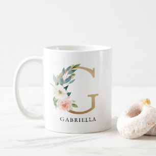 Blush Pink Floral & Gold Letter G Monogram Coffee Mug