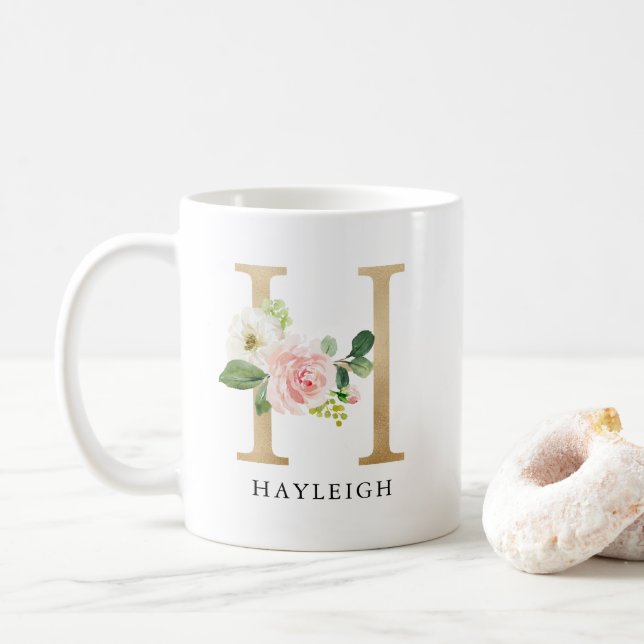 Blush Pink Floral & Gold Letter H Monogram Coffee Mug (With Donut)