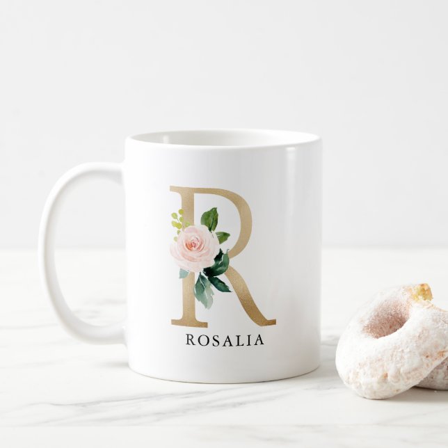 Blush Pink Floral & Gold Letter R Monogram Coffee Mug (With Donut)