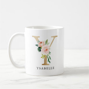 Blush Pink Floral & Gold Letter Y Monogram Coffee Mug