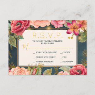 Blush pink floral gold navy elegant wedding rsvp card