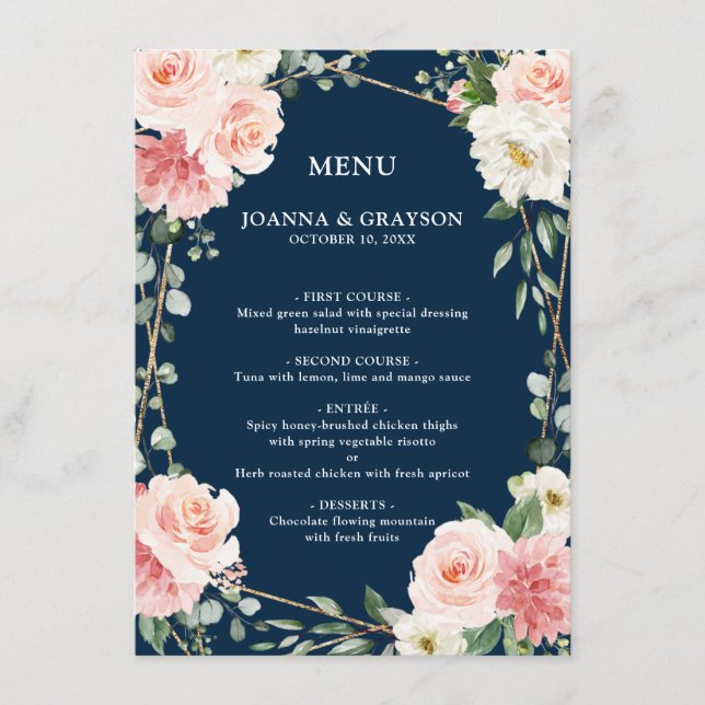 Blush Pink Floral Gold Navy Geometric Wedding Menu (Front)