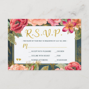 Blush pink floral gold navy typograpy wedding rsvp card