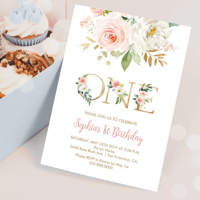Blush Pink Floral, Gold, ONE Girls Birthday Party Invitation (Creator Uploaded)