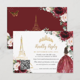 Blush Pink Floral Gold Paris Quinceañera QR Code RSVP Card