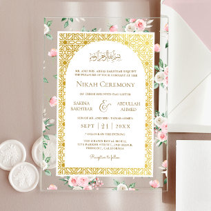 Blush Pink Floral Gold Pattern Muslim Wedding Acrylic Invitations