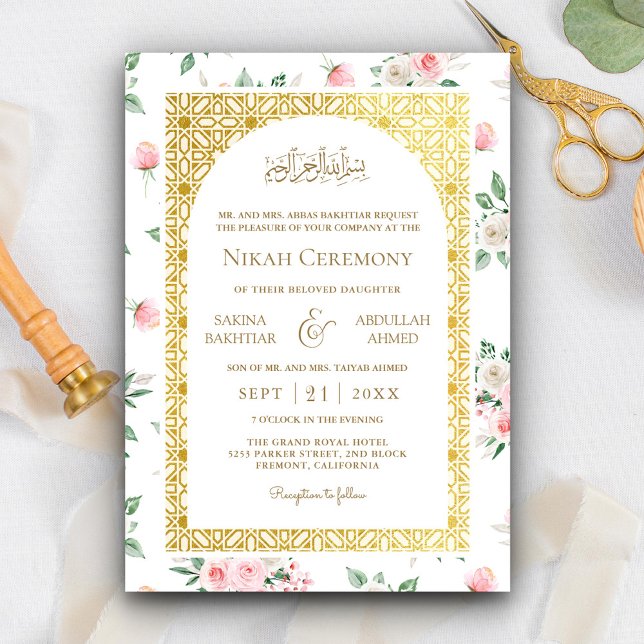 Blush Pink Floral Gold Pattern Muslim Wedding Invitation (Creator Uploaded)