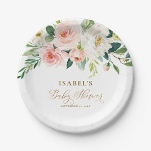 Blush Pink Floral & Gold Personalised Baby Shower Paper Plate