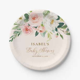 Blush Pink Floral & Gold Personalized Baby Shower Paper Plate