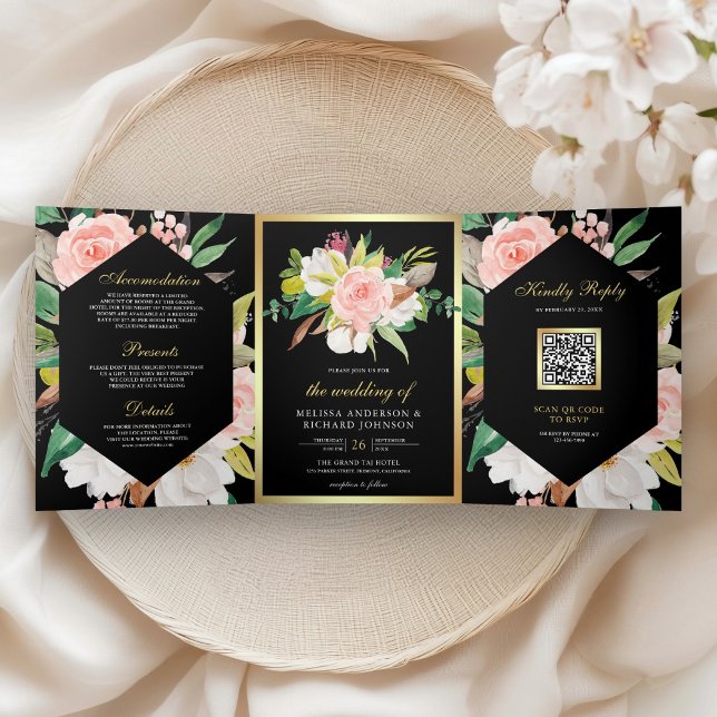 Blush Pink Floral Gold QR Code Black Wedding Tri-Fold Invitation (Creator Uploaded)