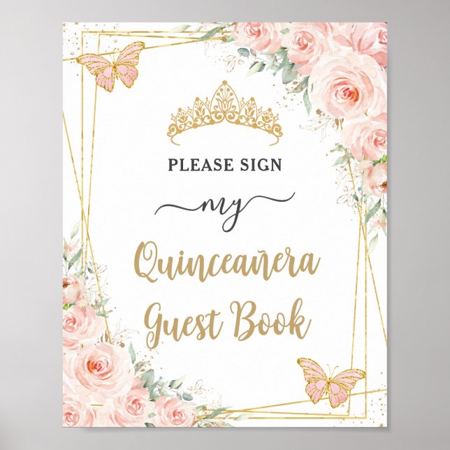 Blush Pink Floral Gold Quinceanera Guest Book Sign (Front)