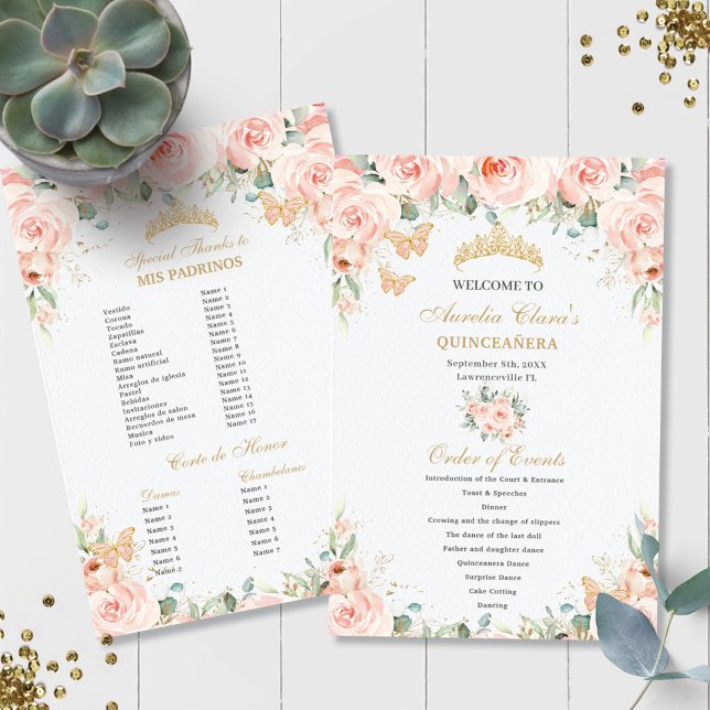 Blush Pink Floral Gold Quinceañera Padrinos Events (Creator Uploaded)