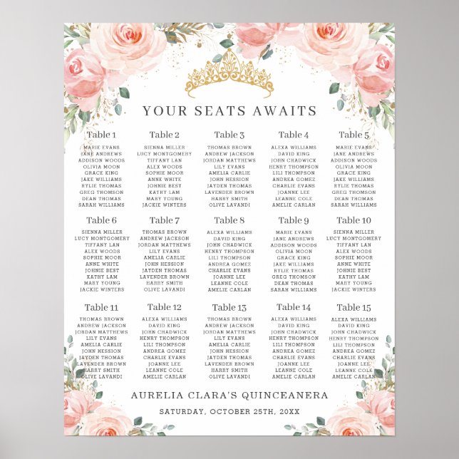 Blush Pink Floral Gold Quinceañera Seating Chart  (Front)