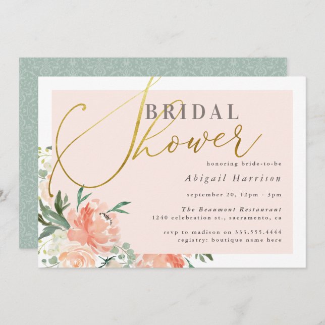 Blush Pink Floral Gold Script Bridal Shower Invitation (Front/Back)