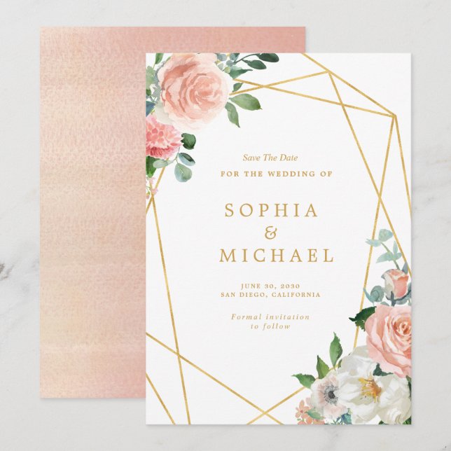 Blush Pink Floral Gold Script Geometric Save The Date (Front/Back)