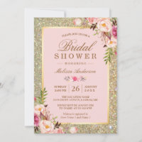 Blush Pink Floral Gold Sparkles Bridal Shower