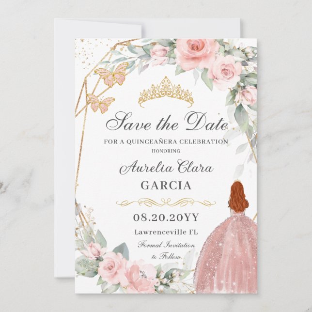 Blush Pink Floral Gold Sweet Sixteen QUINCEAÑERA Save The Date (Front)
