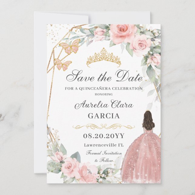 Blush Pink Floral Gold Sweet Sixteen QUINCEAÑERA Save The Date (Front)