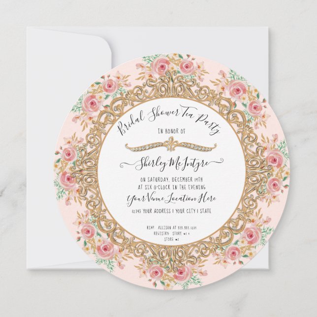 Blush Pink Floral Gold Tea Party Bridal Shower Invitation (Back)