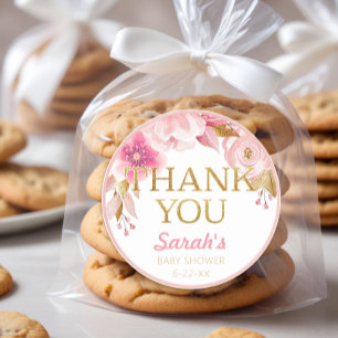 Blush Pink Floral Gold Thank You Baby Shower Classic Round Sticker